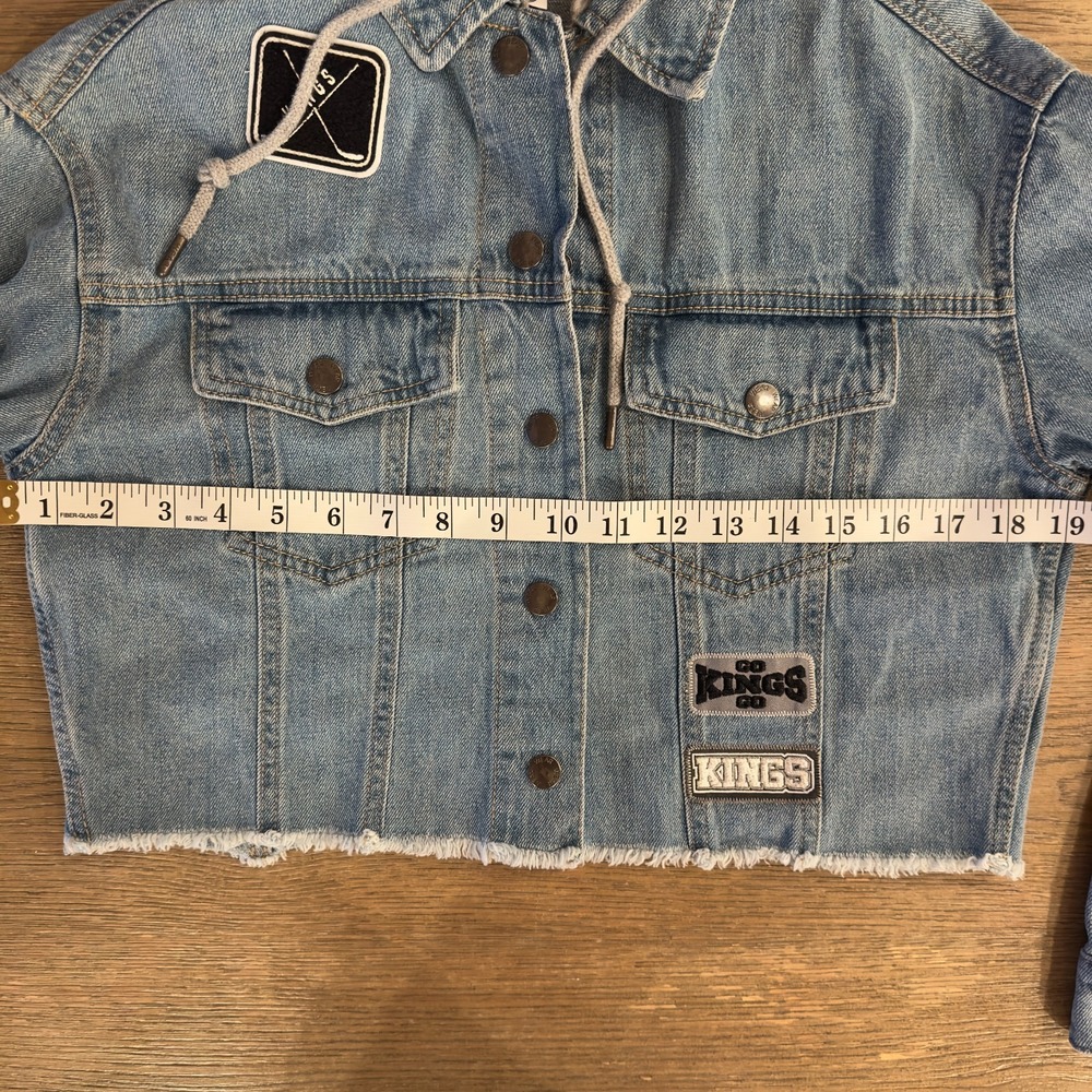 LA Kings Jean Jacket - Women's Crop Hooded Denim Jacket-WEAR by Erin Andrews-XS - Picture 10 of 16